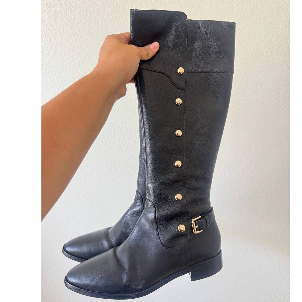 Michael Kors Black Leather Carney Studded Tall Riding Boot 7.5 Old Money Western - Picture 3 of 7